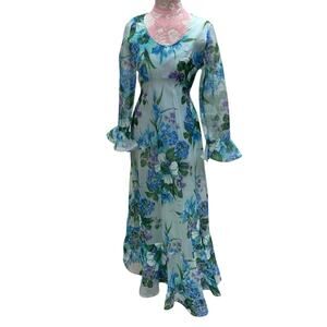Vintage 70s Long Blue Floral Gown Avalon Classics Size 12 Maxi Long Sleeve Dress